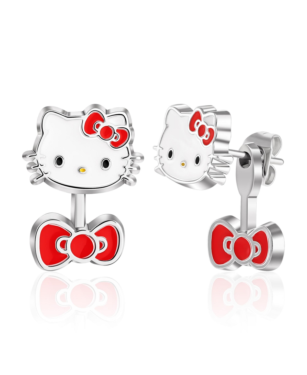 Sanrio Hello Kitty Fashion Rhodium Plated Front Back Earrings, Officially Licensed - Silver tone, red, white