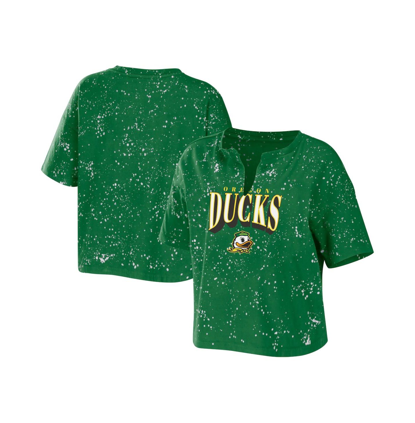Женская футболка WEAR by Erin Andrews Green Oregon Ducks Bleach Wash Splatter Cropped Notch Neck — фото 1