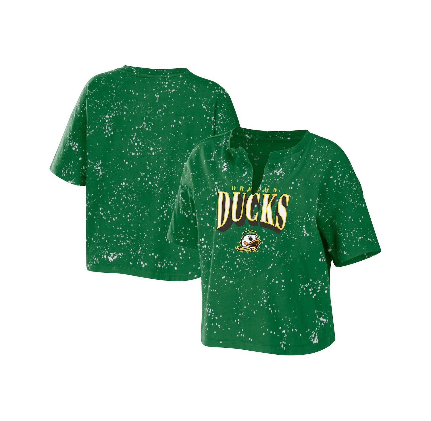 Women's Green Oregon Ducks Bleach Wash Splatter Cropped Notch Neck T-shirt