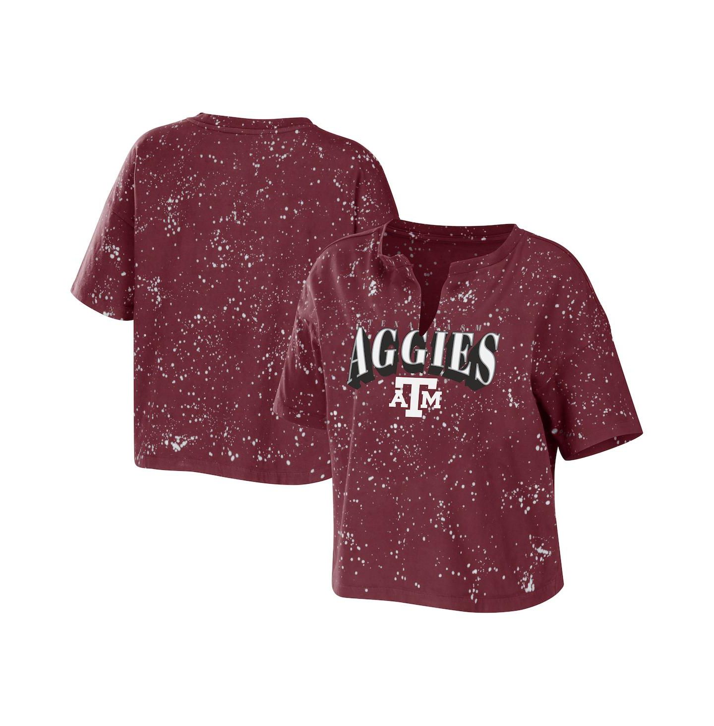 Женская футболка WEAR by Erin Andrews Maroon Texas A&M Aggies Bleach Wash Splatter Cropped Notch Neck — фото 1