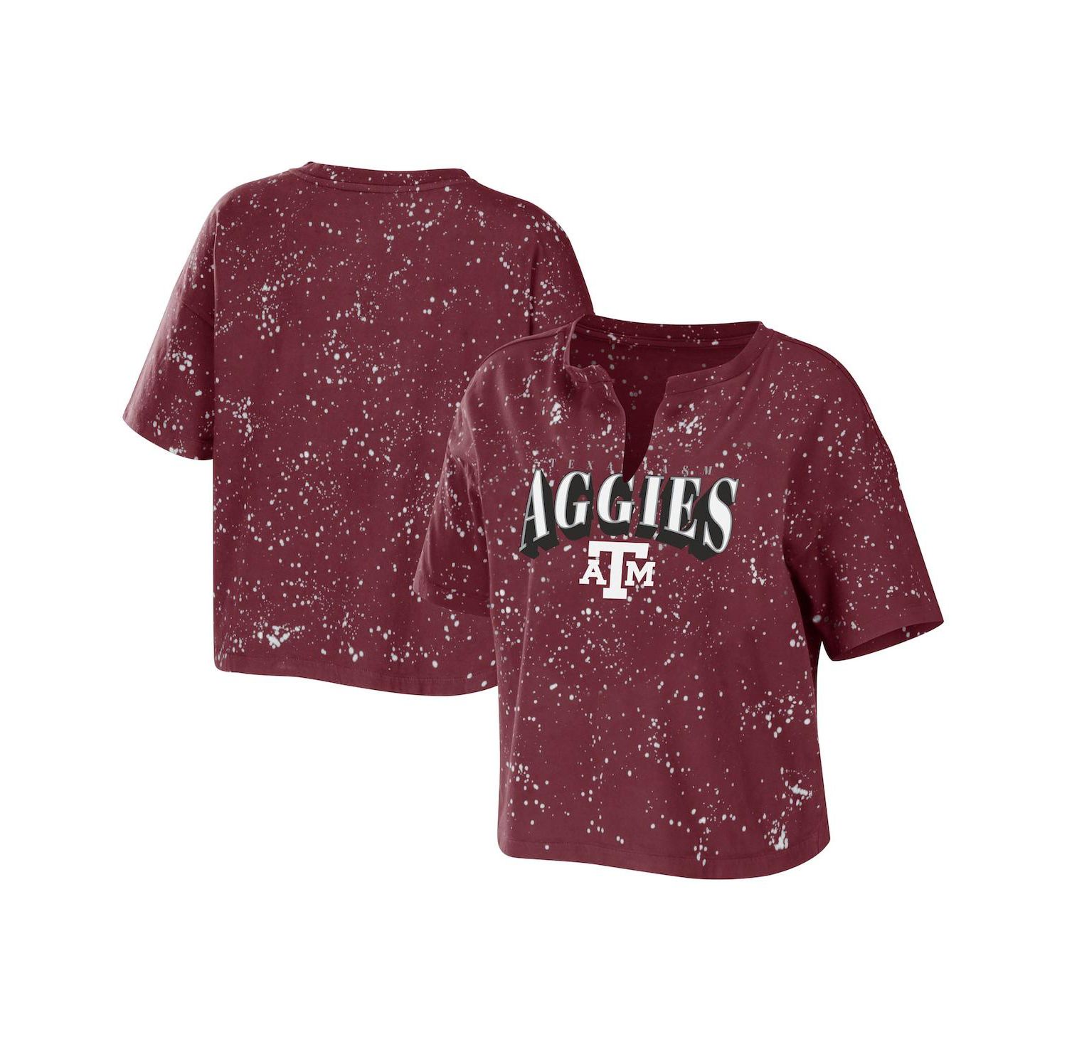 Women's Maroon Texas A&M Aggies Bleach Wash Splatter Cropped Notch Neck T-shirt