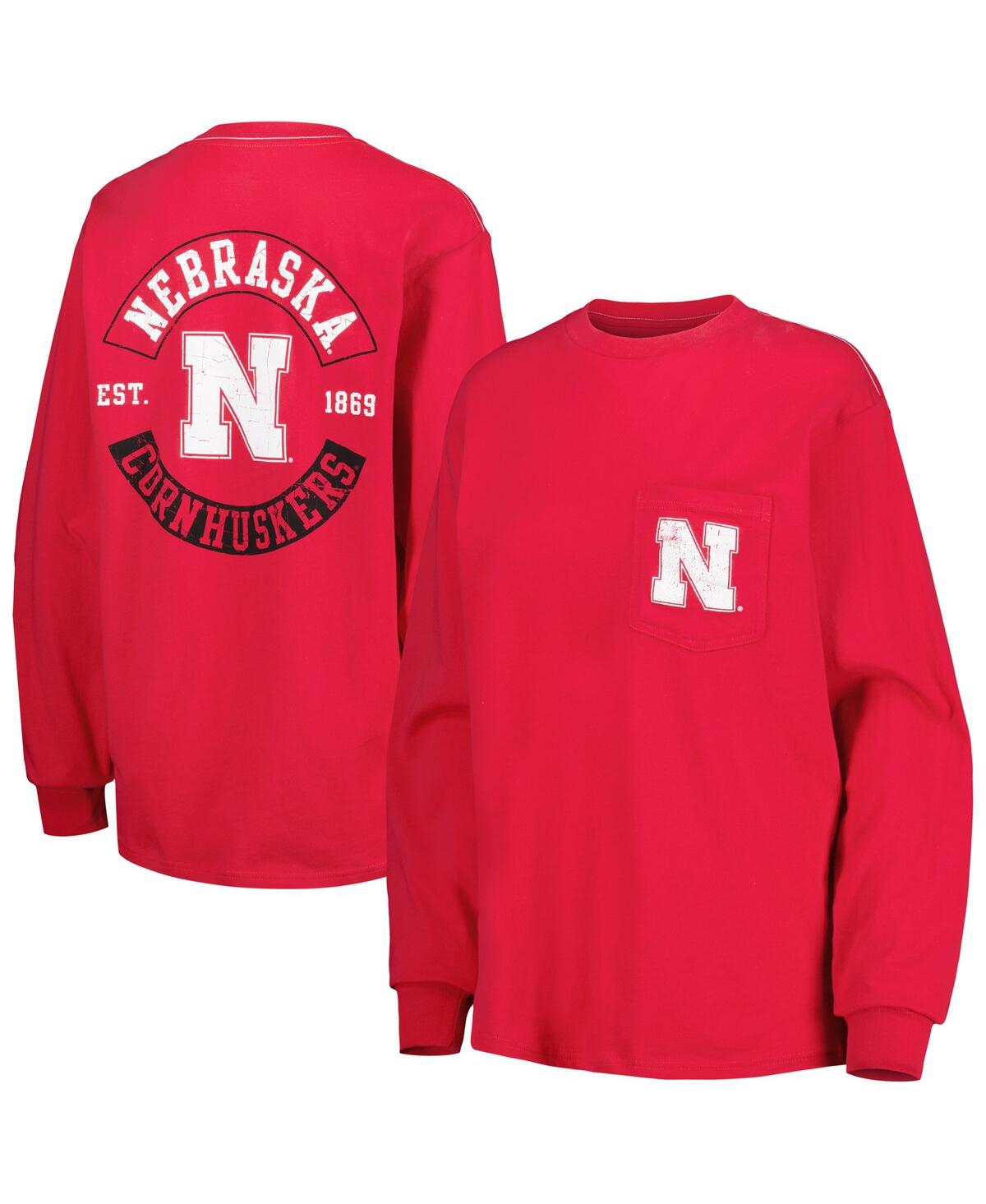 Women's League Collegiate Wear Scarlet Distressed Nebraska Huskers Oversized Pocket Long Sleeve T-shirt - Scarlet