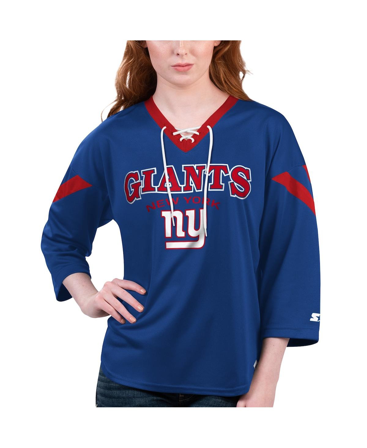 Shop Starter Women's  Royal New York Giants Rally Lace-up 3/4 Sleeve T-shirt