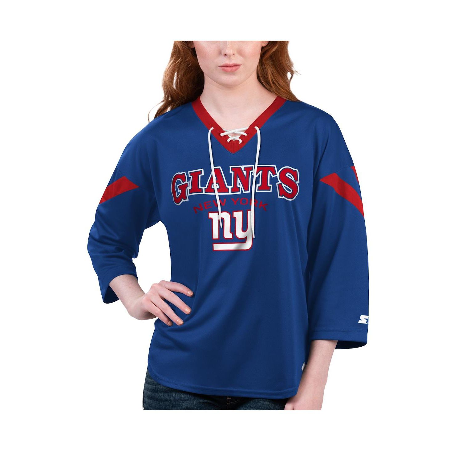 Women's Royal New York Giants Rally Lace-Up 3/4 Sleeve T-shirt