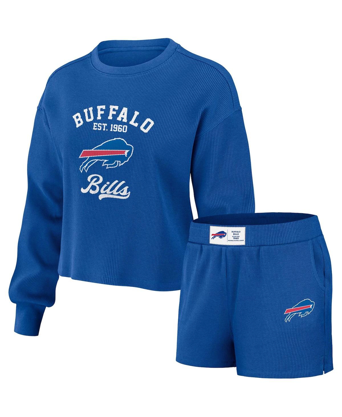 Women's Wear by Erin Andrews Royal Distressed Buffalo Bills Waffle Knit Long Sleeve T-shirt and Shorts Lounge Set - Royal