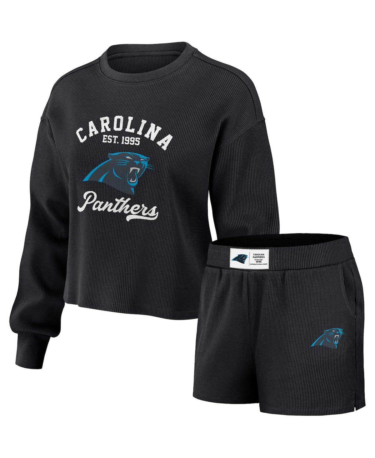 Shop Wear By Erin Andrews Women's  Black Distressed Carolina Panthers Waffle Knit Long Sleeve T-shirt And