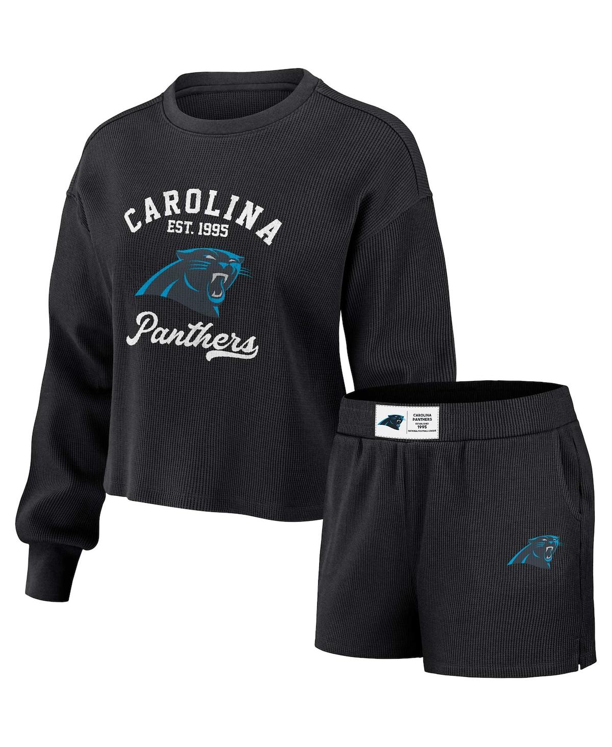 Women's Wear by Erin Andrews Black Distressed Carolina Panthers Waffle Knit Long Sleeve T-shirt and Shorts Lounge Set - Black