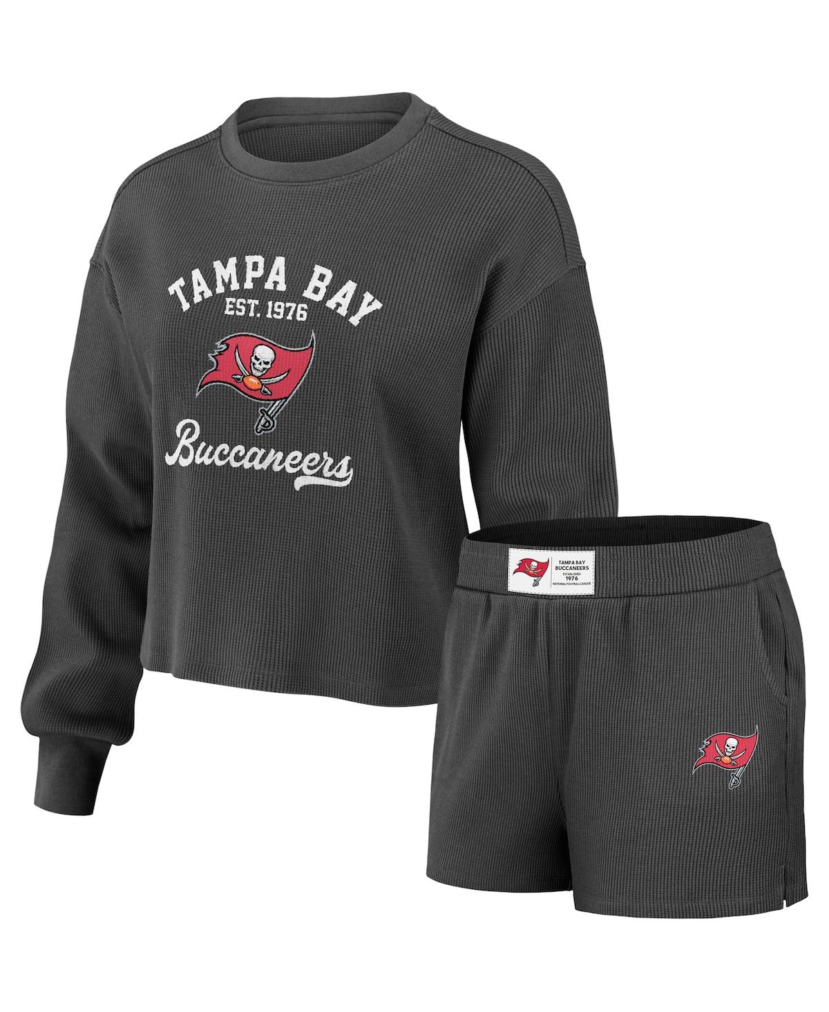 Wear By Erin Andrews Women's  Pewter Distressed Tampa Bay Buccaneers Waffle Knit Long Sleeve T-shirt