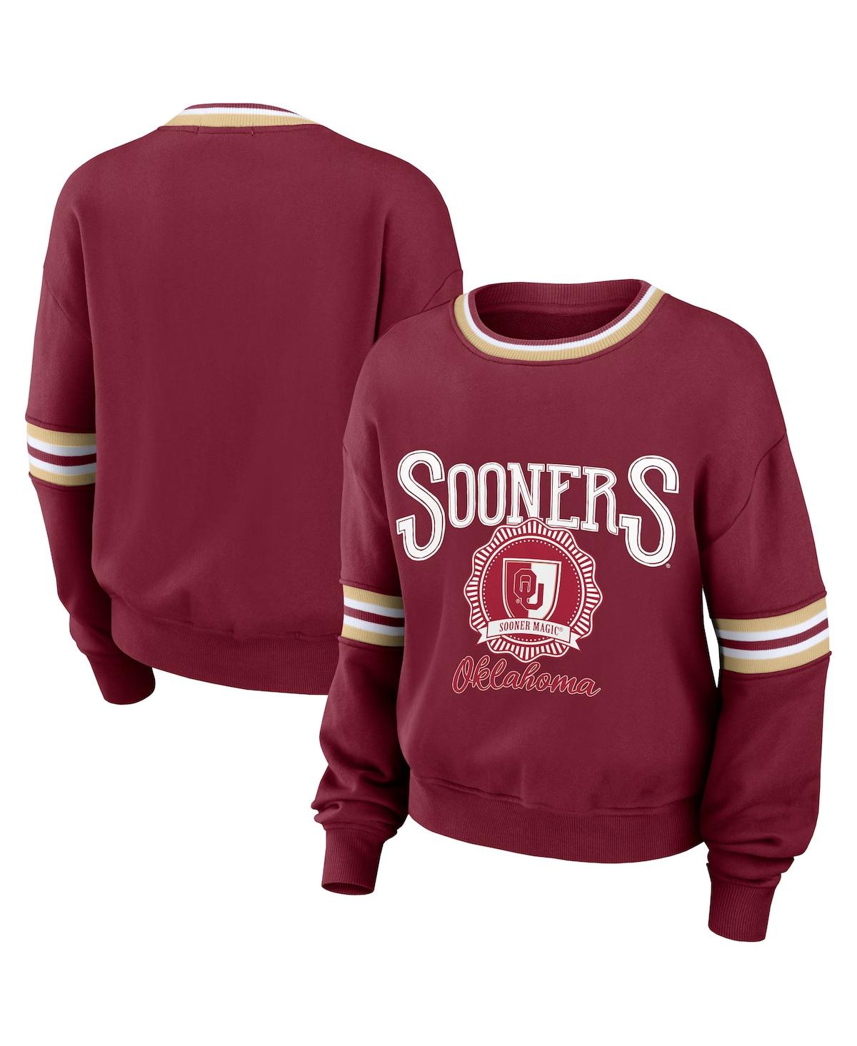 Shop Wear By Erin Andrews Women's  Crimson Distressed Oklahoma Sooners Vintage-like Pullover Sweatshirt