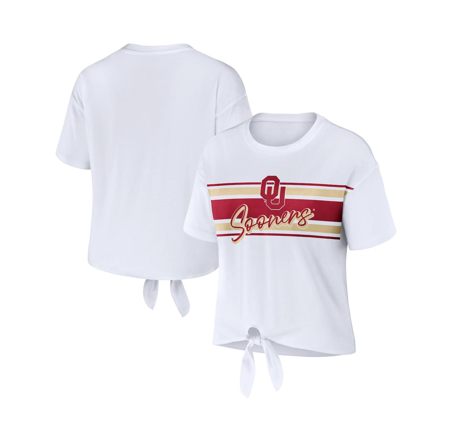 Women's White Oklahoma Sooners Striped Front Knot Cropped T-shirt