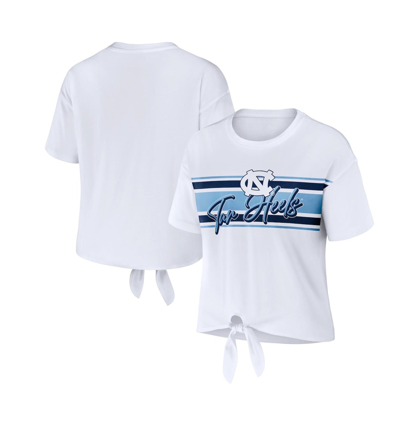 Женские футболки WEAR by Erin Andrews White North Carolina Tar Heels Striped Front Knot Cropped — фото 1