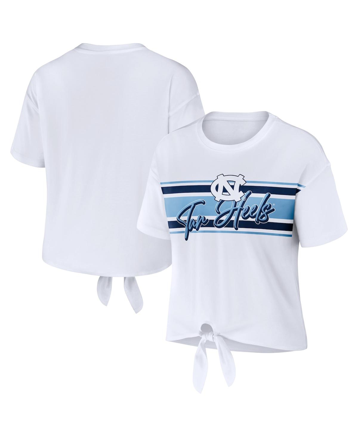 Shop Wear By Erin Andrews Women's  White North Carolina Tar Heels Striped Front Knot Cropped T-shirt
