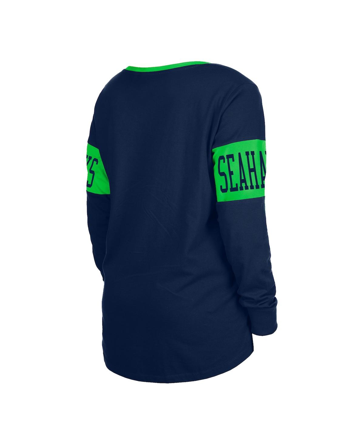 NEW ERA WOMEN'S NEW ERA COLLEGE NAVY SEATTLE SEAHAWKS LACE-UP NOTCH NECK LONG SLEEVE T-SHIRT 