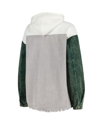 Women's Gray Distressed Michigan State Spartans Vintage-Like Wash Corduroy Full-Snap Hooded Shacket