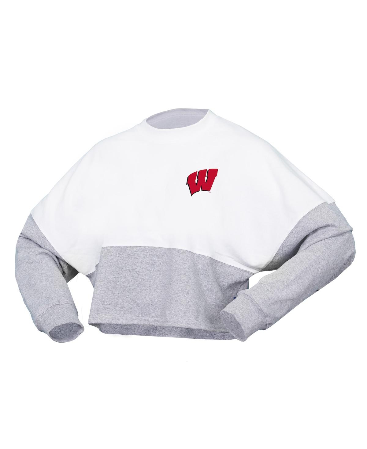 Shop Spirit Jersey Women's  White Wisconsin Badgers Heather Block Cropped Long Sleeve Jersey T-shirt