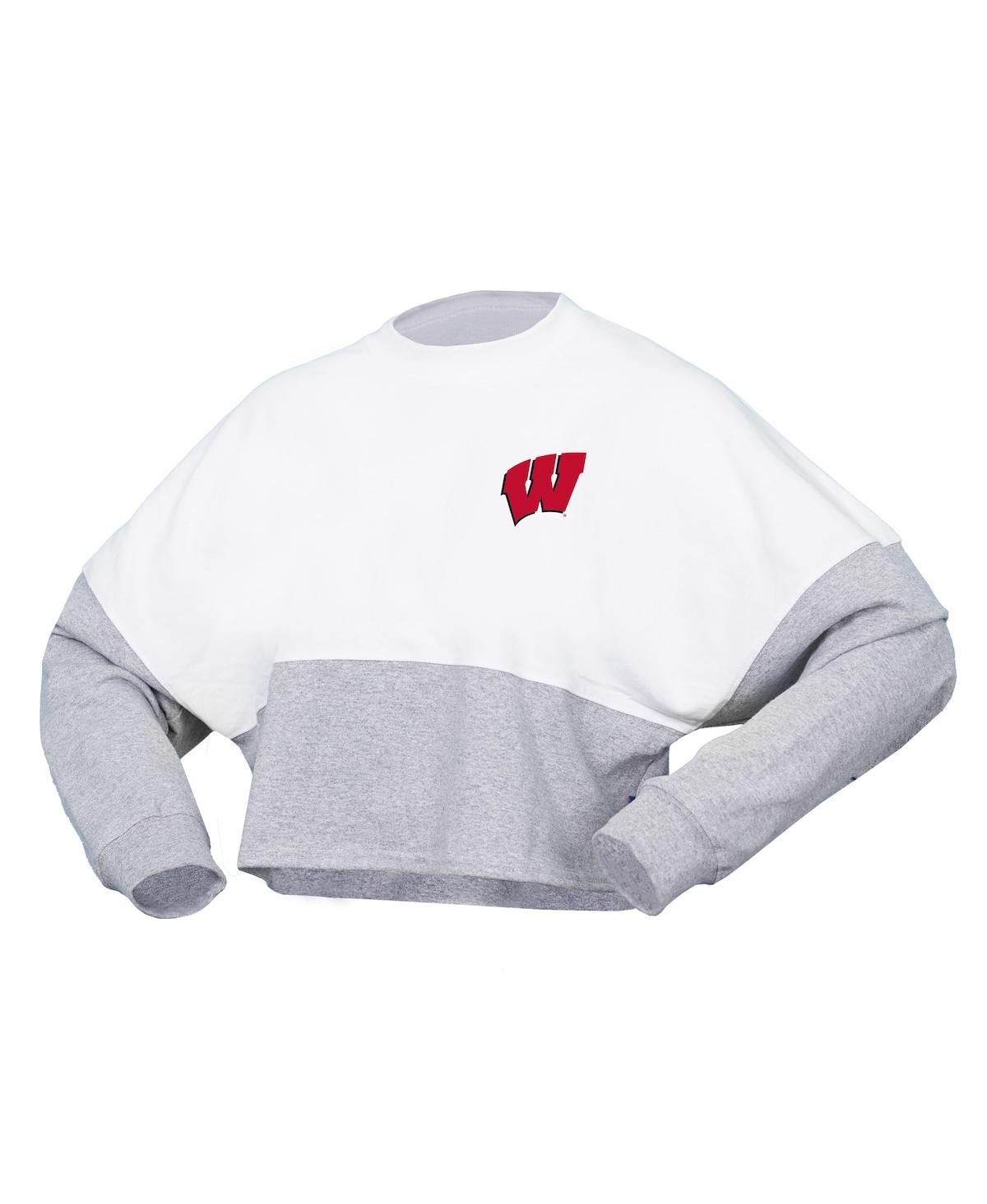 Spirit Jersey Women's  White Wisconsin Badgers Heather Block Cropped Long Sleeve Jersey T-shirt In White