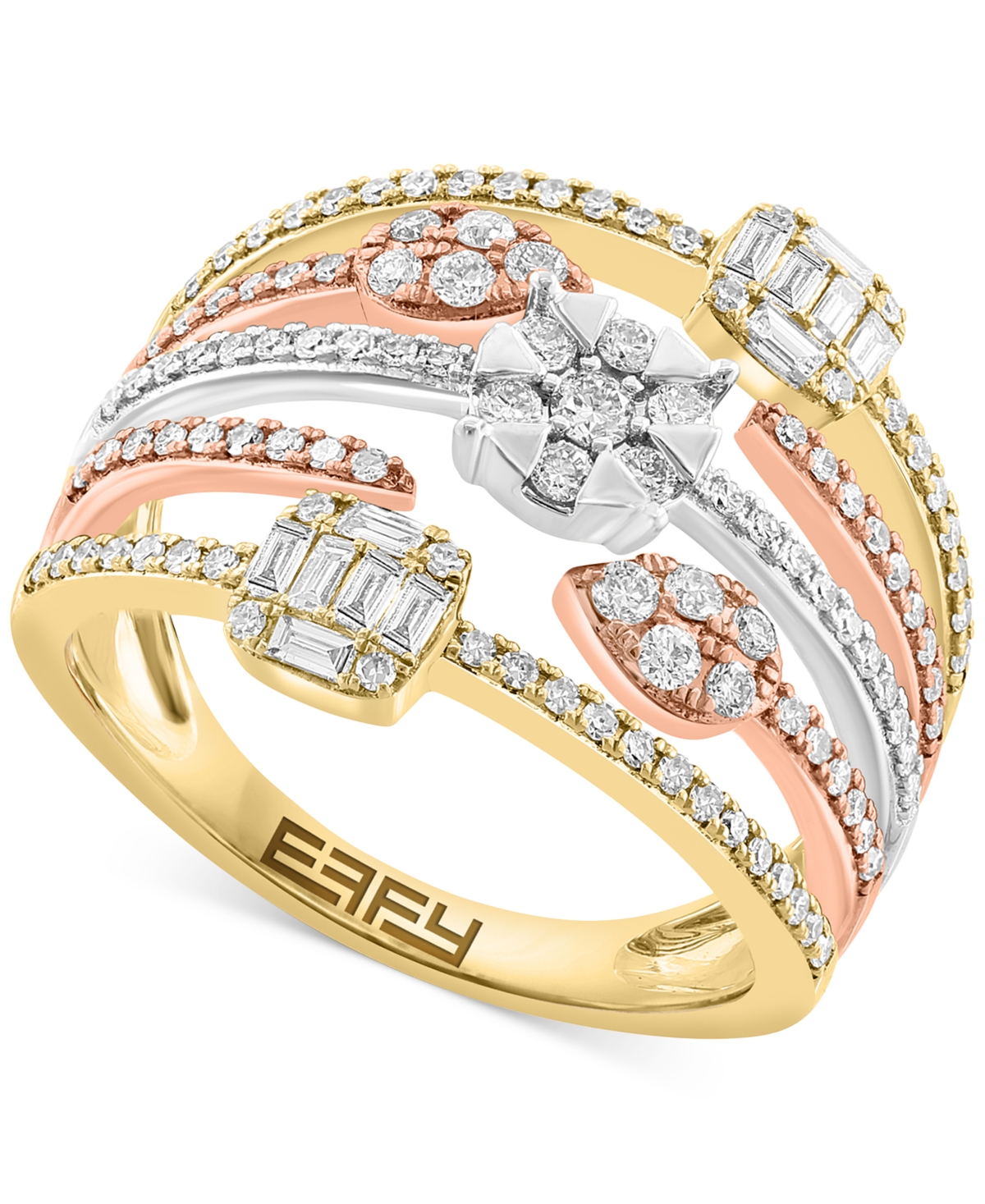 Effy Collection Effy Diamond Round & Baguette Multirow Statement Ring (5/8 Ct. T.w.) In 14k Tricolor Gold In K Three Tone Gold