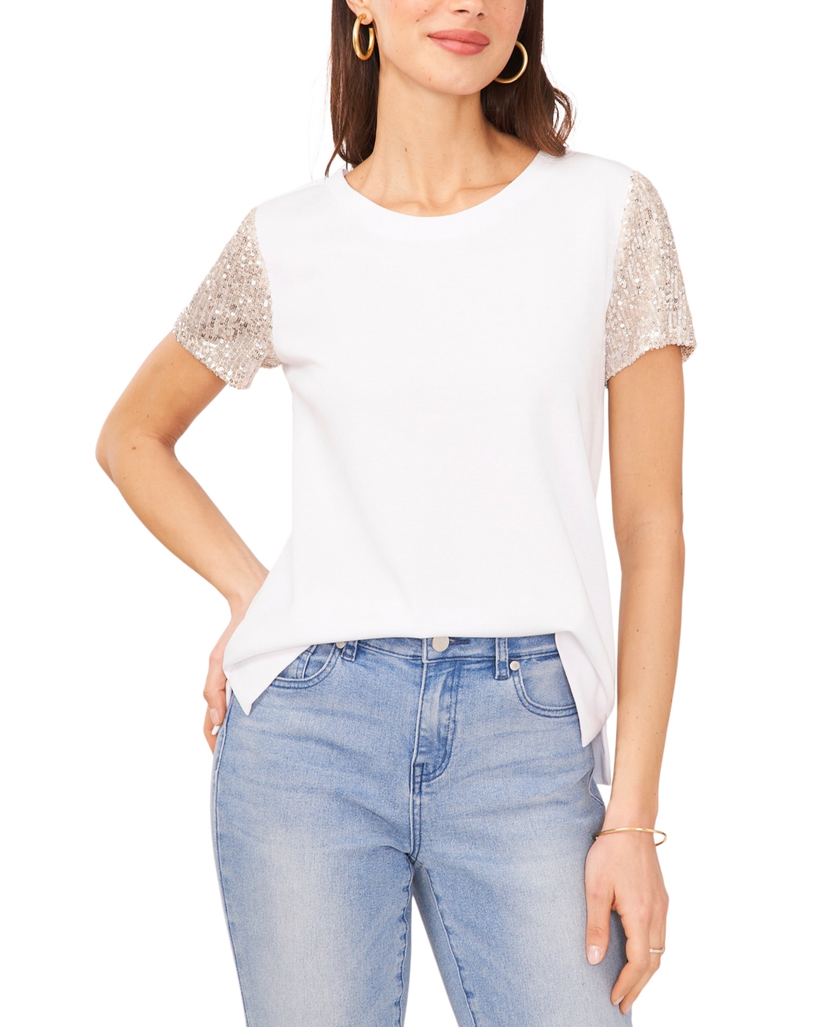 Vince Camuto Women's Solid-color Sequined Short-sleeve Top In Ultra White