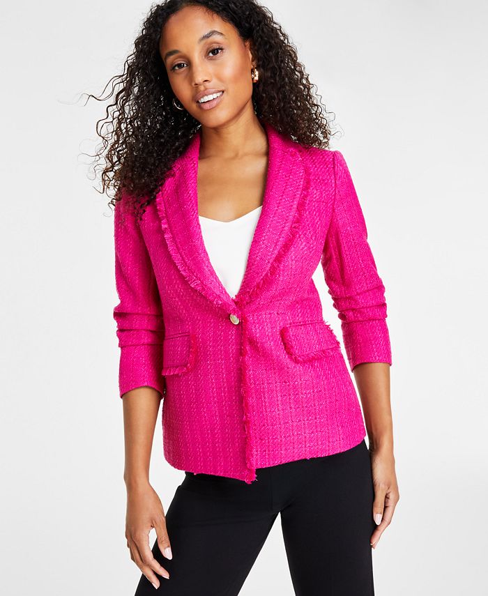 Anne Klein Women's Tweed Ruched-Sleeve Fringe Jacket - Macy's