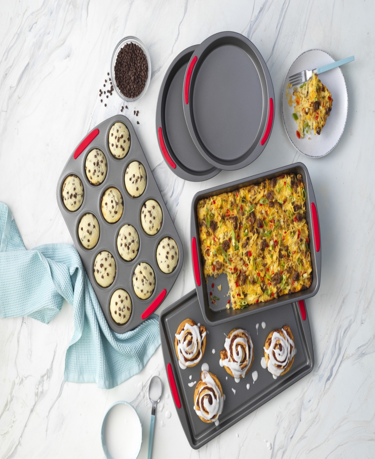 Shop Good Cook Mega Grip 5 Piece Nonstick Steel Bakeware Set With Cookie Sheet, Roast Pan, 2 Cake Pans, And Muffin  In Gray