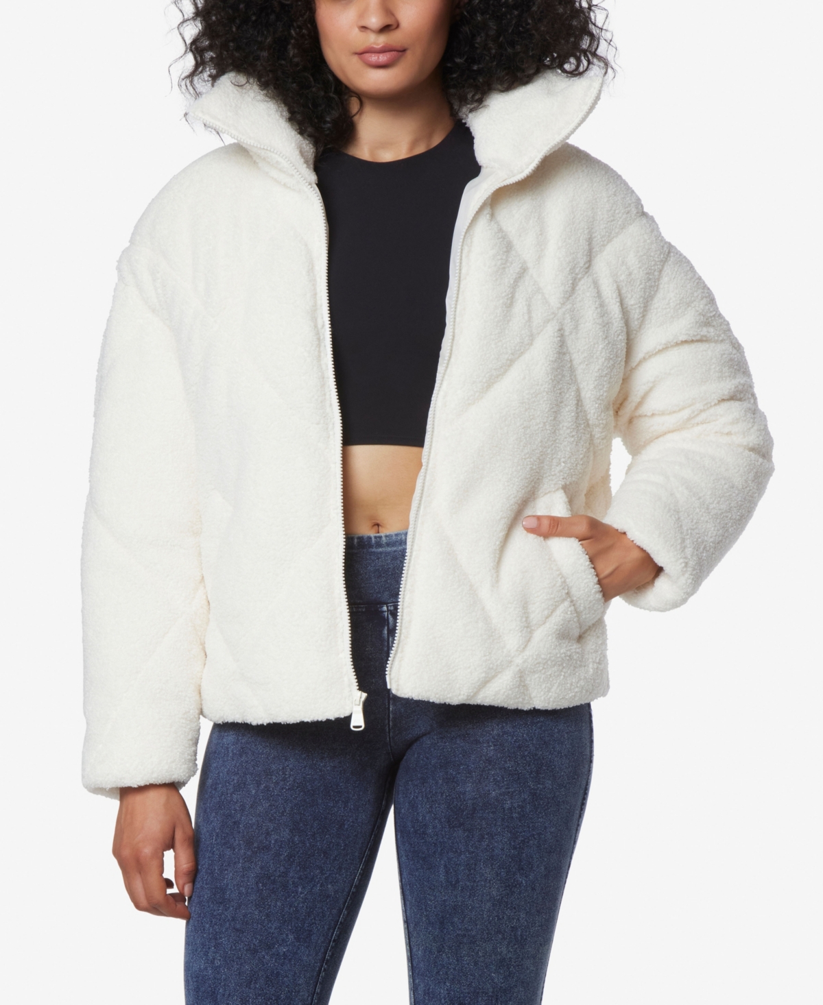 Women's Faux Poodle Fur Diamond Quilted Puffer Jacket - Pavement