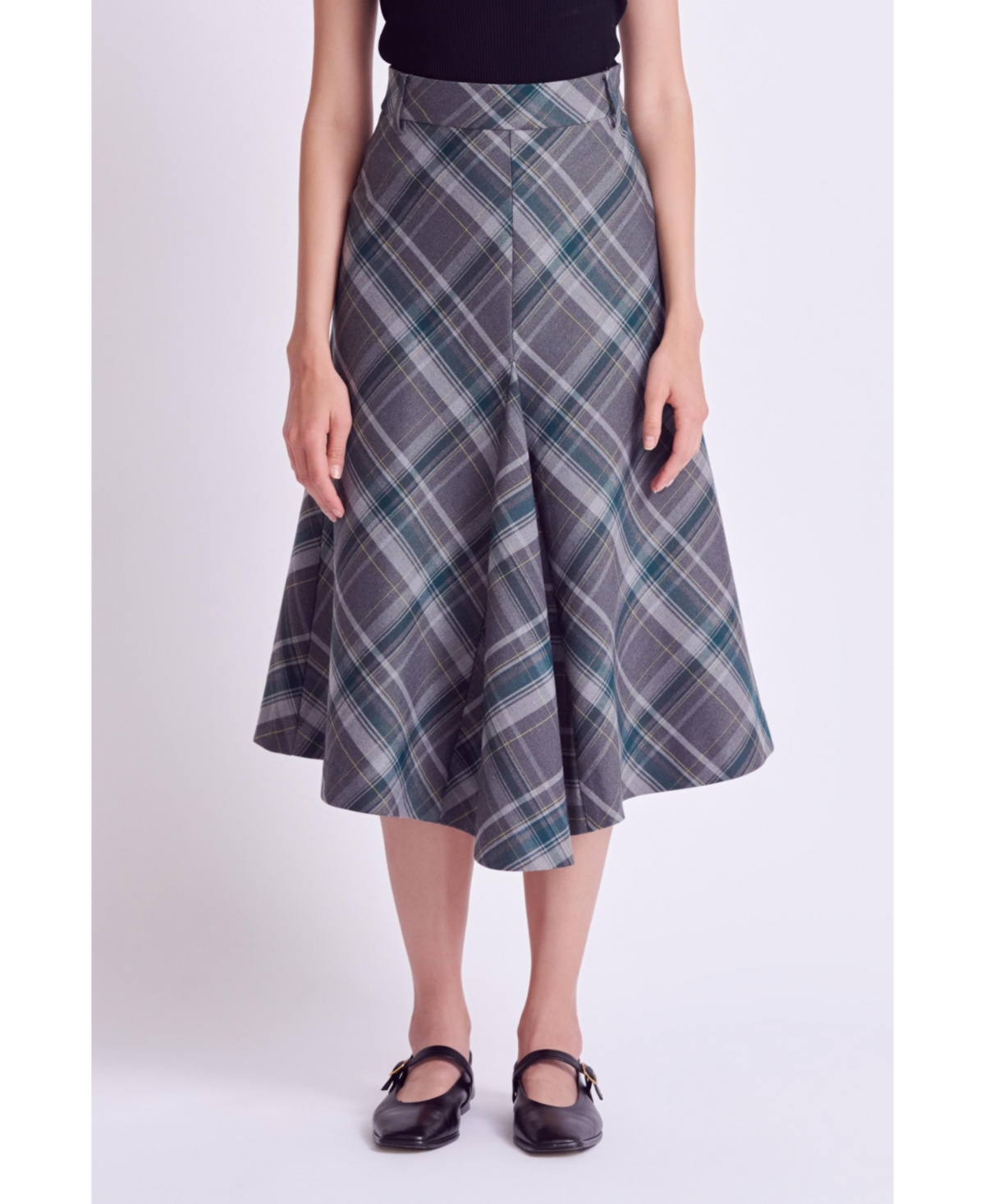 English Factory Women's Plaid Midi A Line Skirt In Grey,green