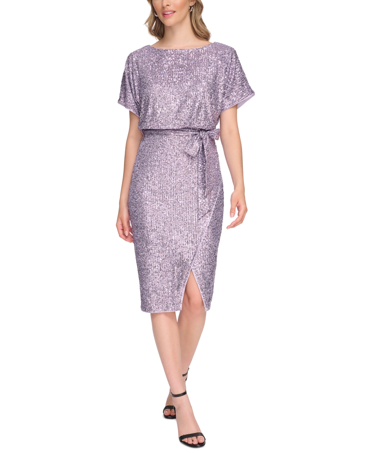 Kensie Women's Sequined Blouson Short-sleeve Midi Dress In Lavender