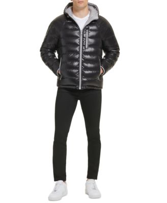 Guess Men's Adam Puffer Jacket With Removable Hood In Navy Sea Embossed Logo