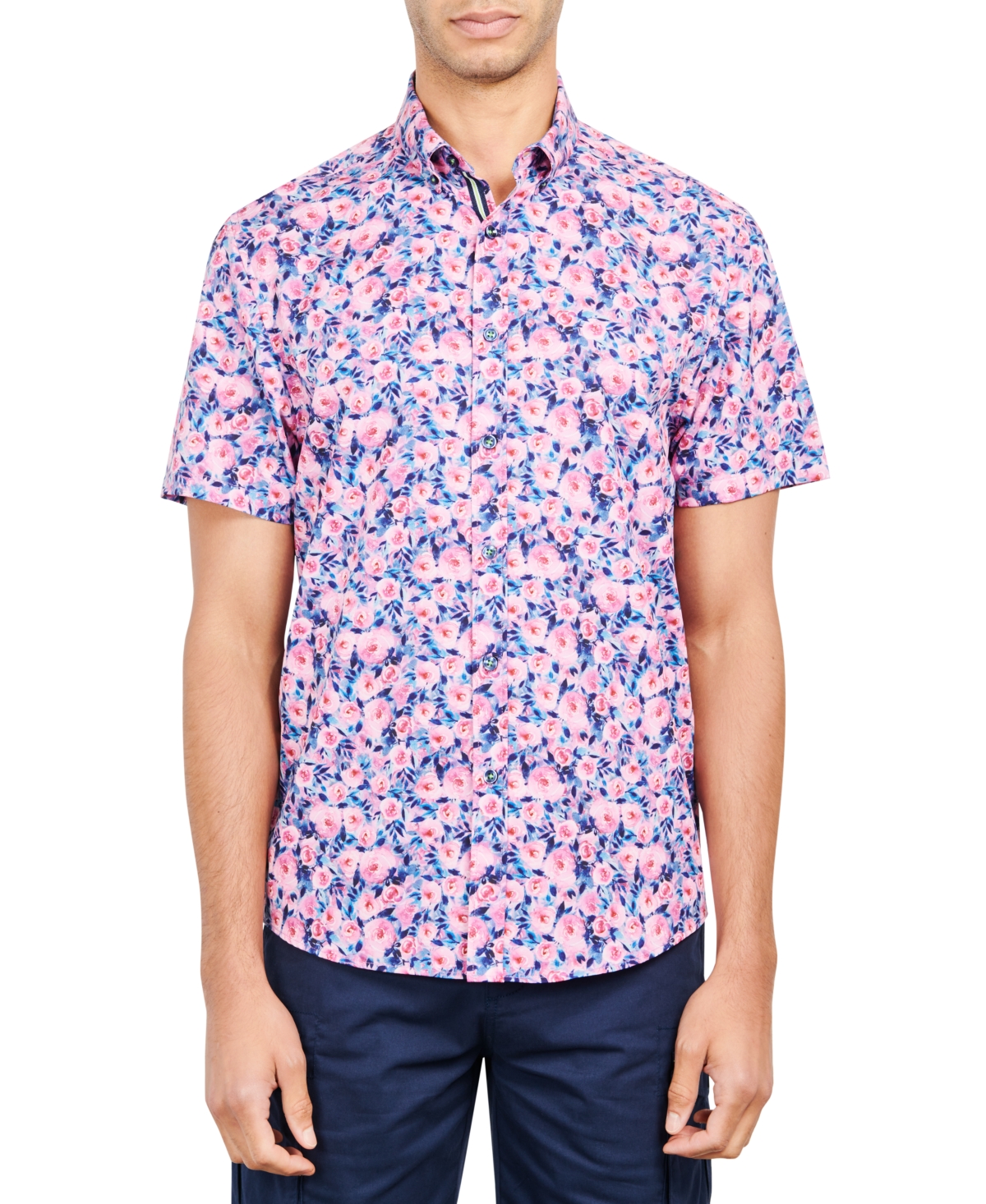 Men's Slim-Fit Performance Stretch Floral Print Short-Sleeve Button-Down Shirt - Pink