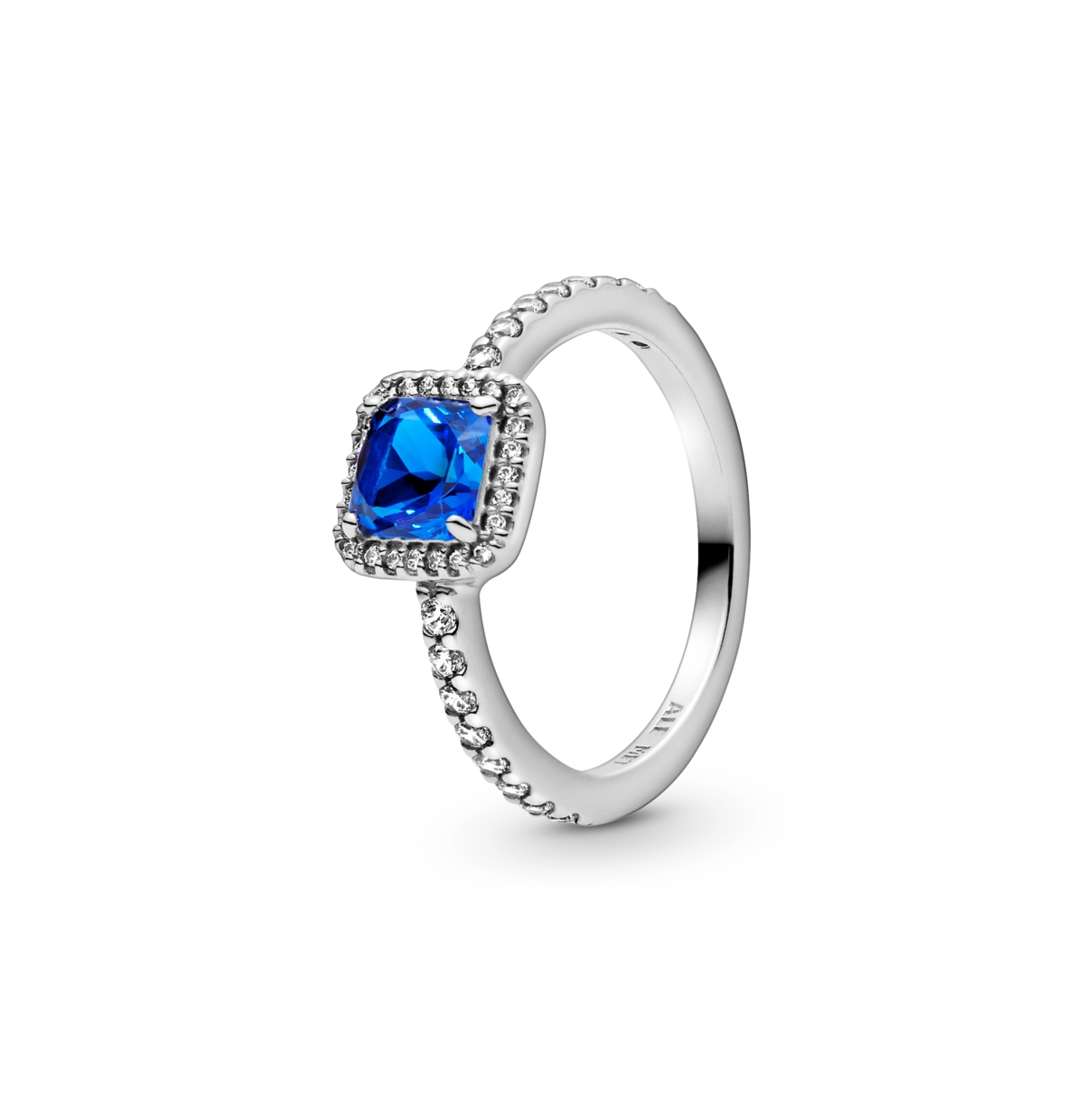 PANDORA CUBIC ZIRCONIA TIMELESS BLUE SQUARE SPARKLE HALO RING 