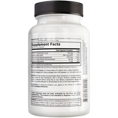 Iron Ultra Supplement + Copper, Folate, Vitamin C and Vitamin B12, Ferrous Sulfate Iron Vitamin - Iron 65mg Per Serving, Folic Acid, 60 Capsules