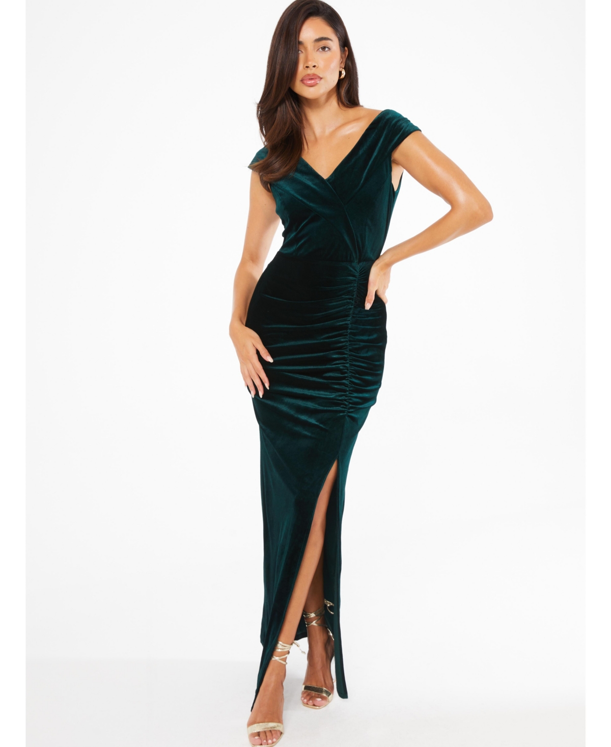Women's Velvet Bardot Ruched Maxi Dress - Green