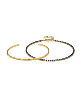 Blue Sapphire Cubic Zirconia Tennis and Cuff 2 Piece Bracelet Set