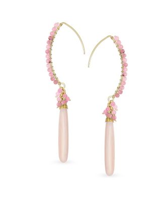 Boho Wire Wrap Cluster Bead Accent Linear Elongated Fish Hook Soft Light Pink Natural Tourmaline Long Teardrop Chandelier Dangle Earrings Gold Plated