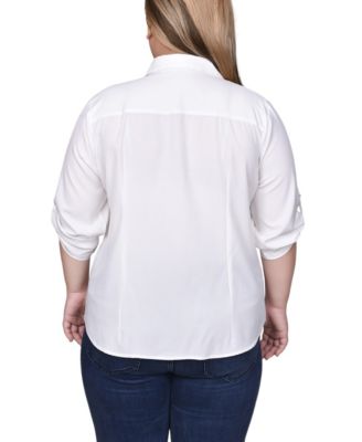Plus Size 3/4 Roll Tab Sleeve Zip Front Top