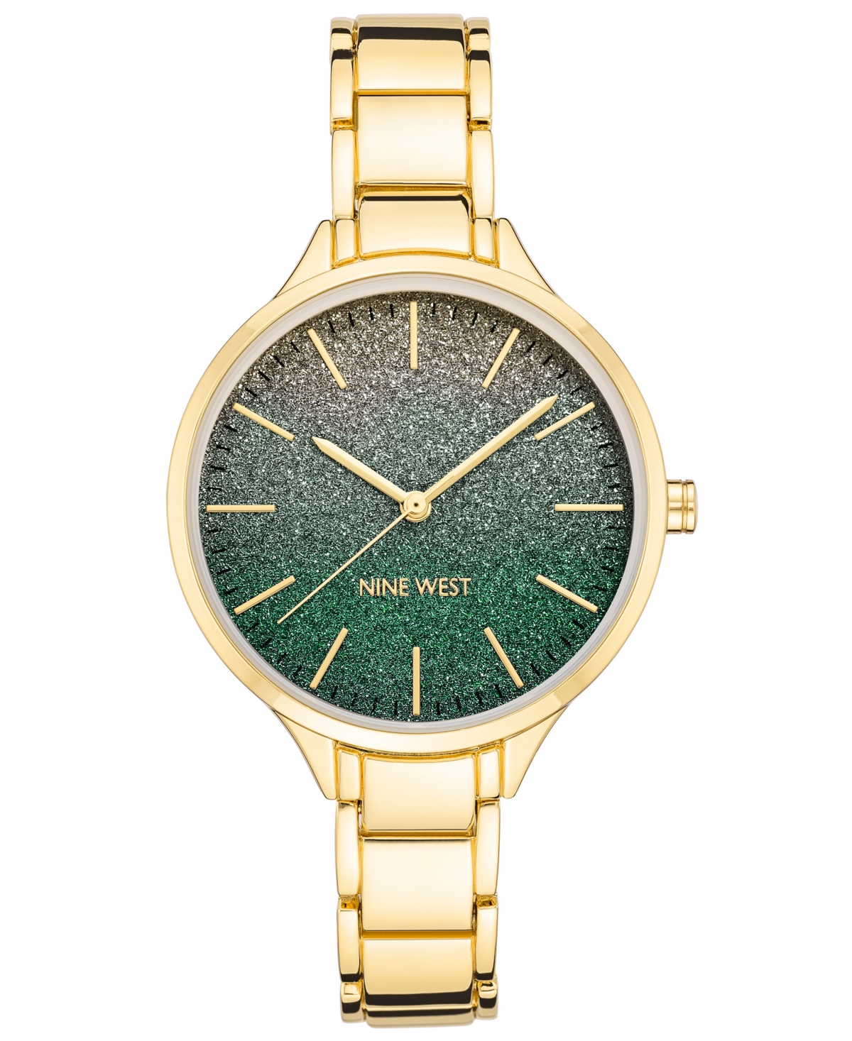 Nine West Women's Quartz Gold-tone Alloy Link Bracelet Watch, 36mm In Green,gold-tone