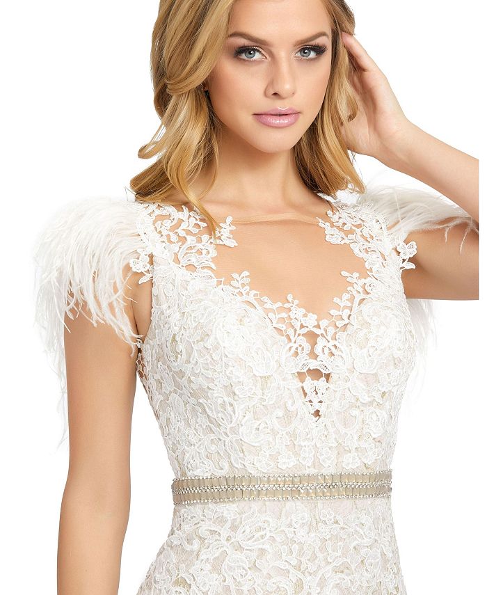 Mac Duggal Women's Embellished Feather Cap Sleeve Illusion Neck Trumpet ...