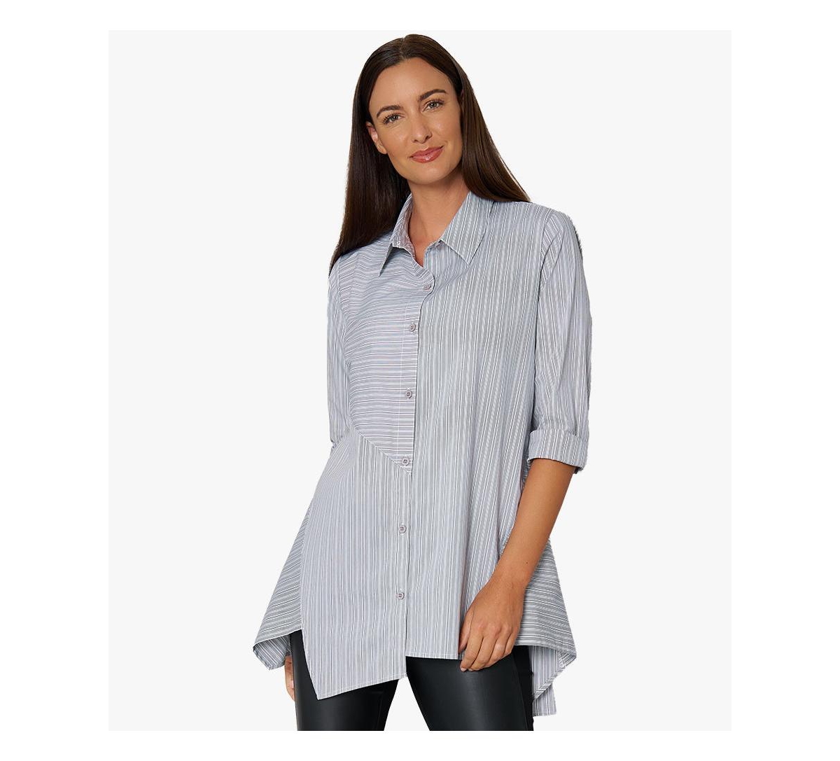 Women's Asymmetrical Yarn Dye Stripe Button-Front Crossroads Tunic - Gray yarn dye stripe