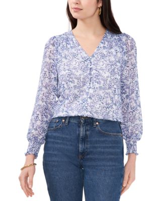 Sam & Jess - Petite Button-Front Smocked-Shoulder Blouse