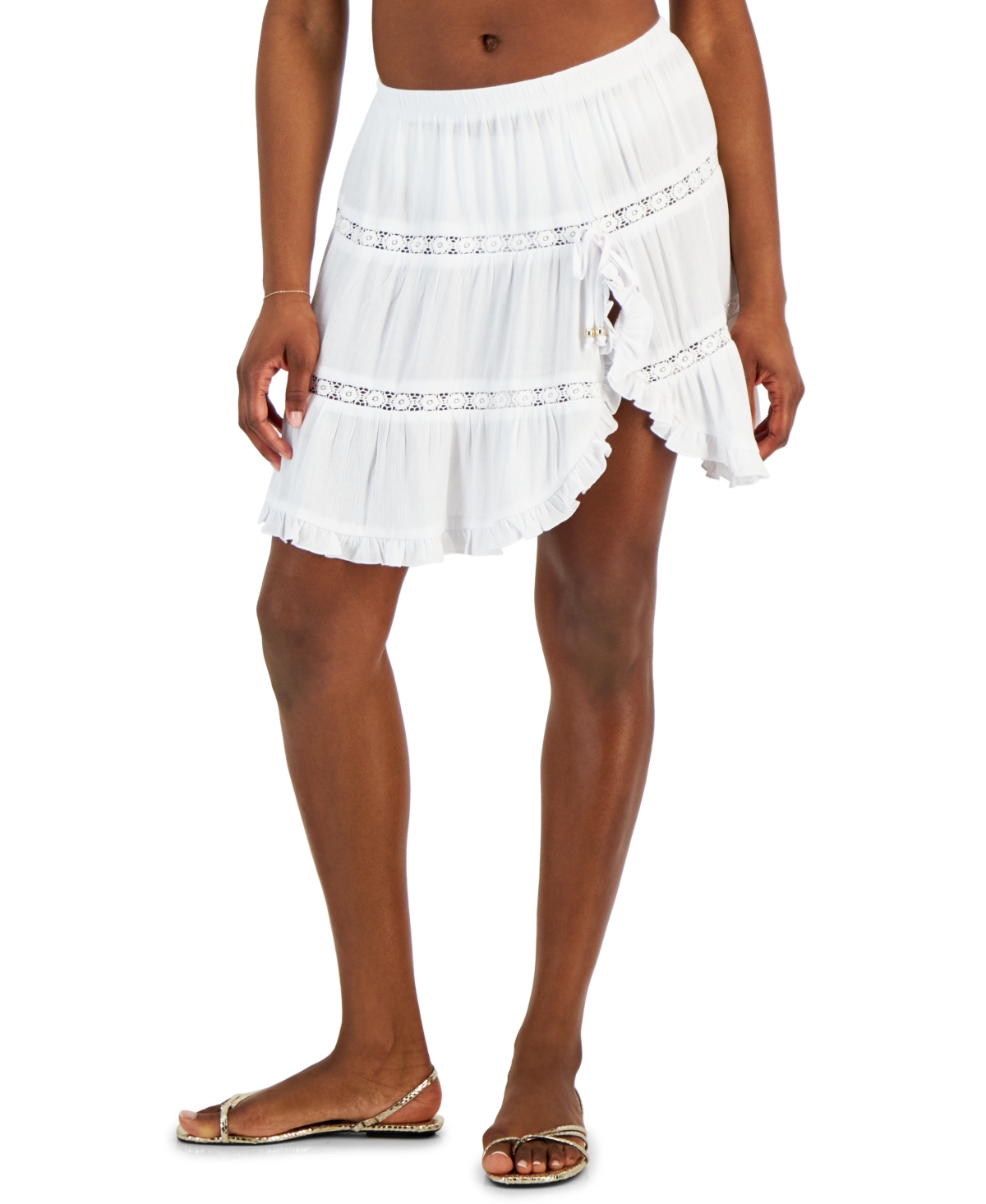 Miken Women's Lace-inset Ruffle-trim Skirt Cover-up, Created For Macy's In White