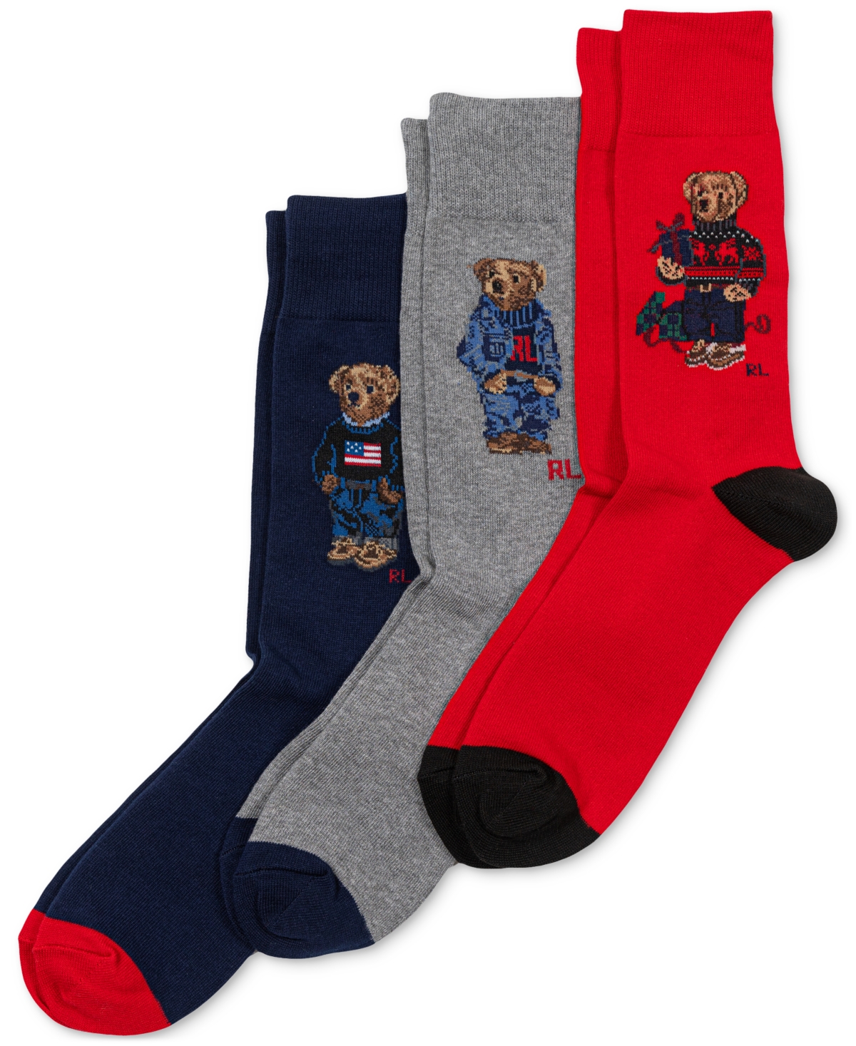 Polo Ralph Lauren Men's 3-pk. Holiday Variety Bears Crew Socks Giftbox Set In Assorted