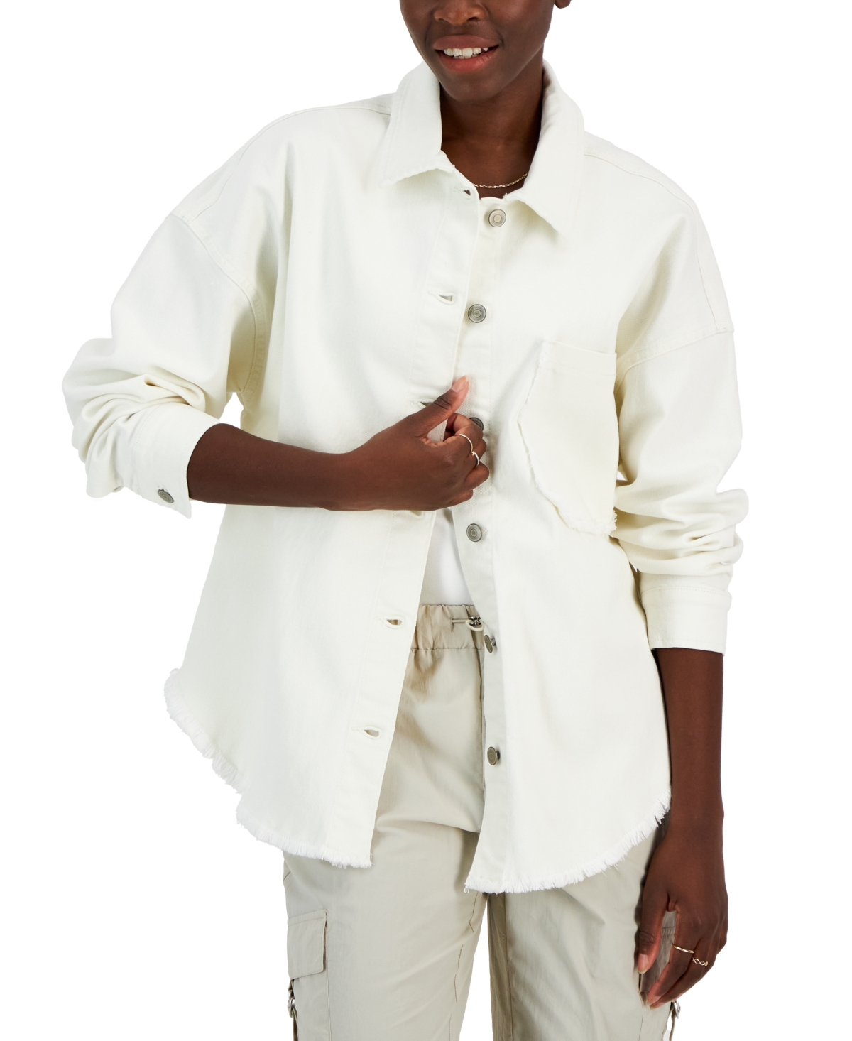 Shop Celebrity Pink Juniors' Denim Long-sleeve Shacket In White