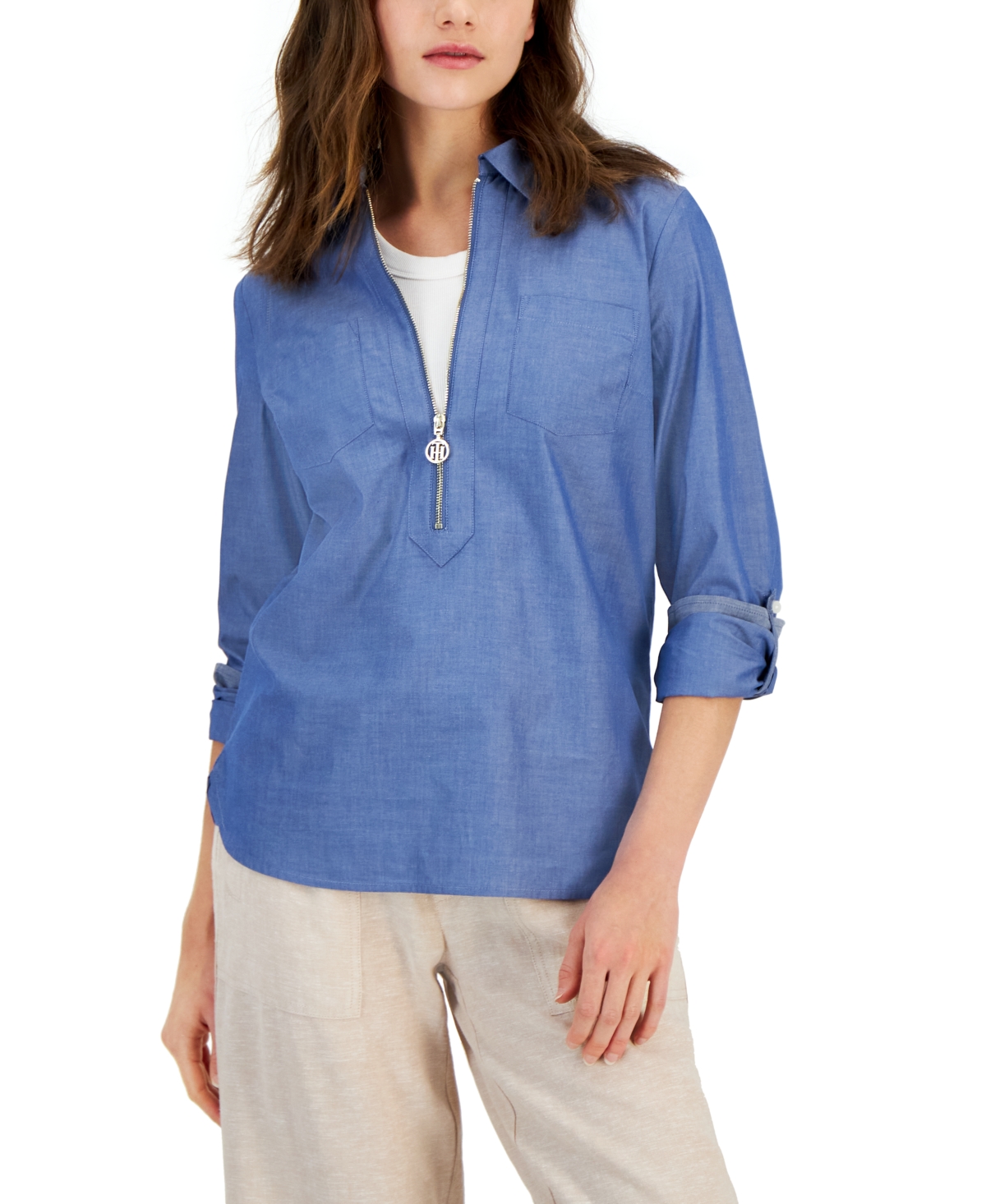 Tommy Hilfiger Women's Cotton Half-zip Shirt In Blue Chambray