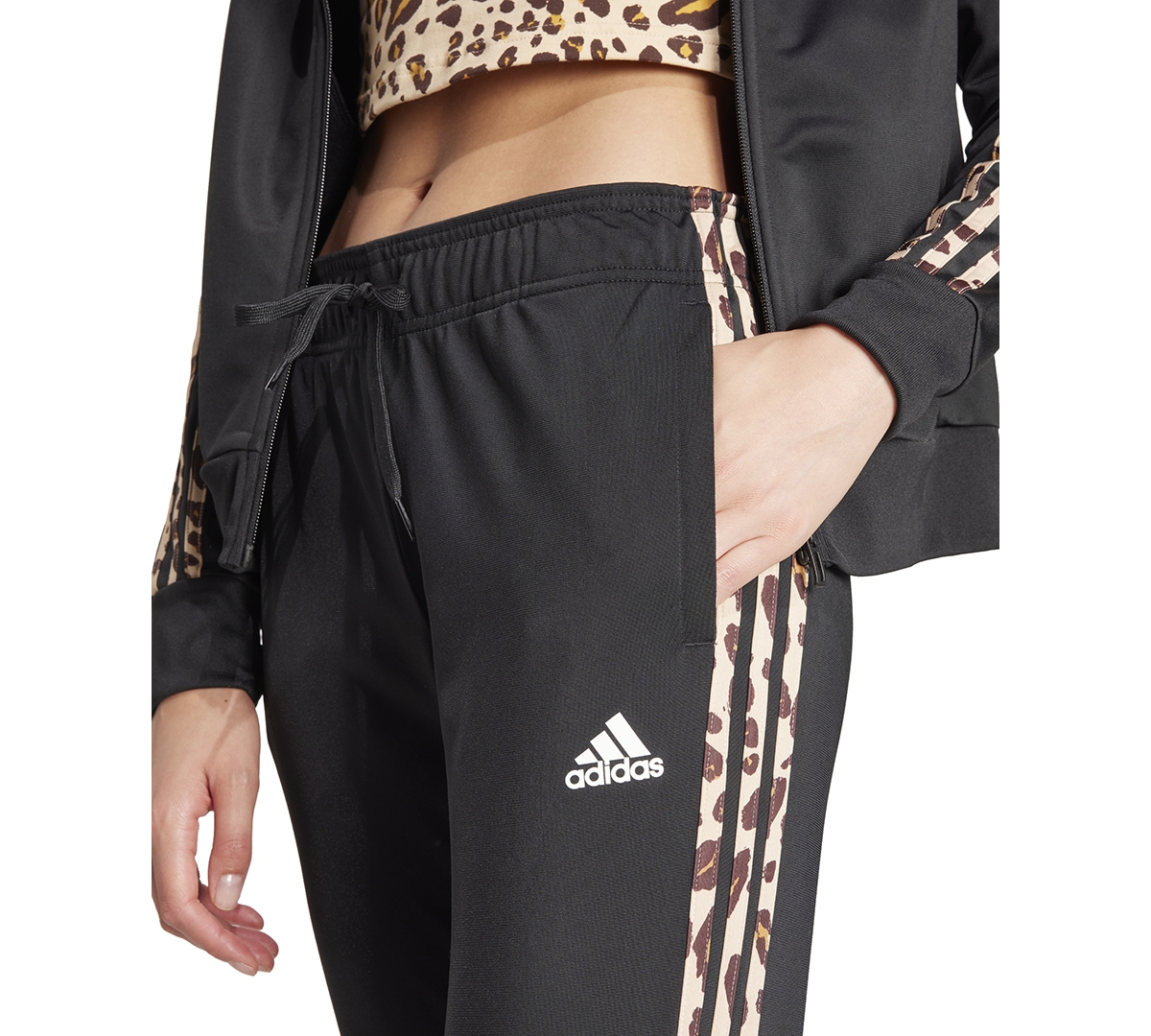 adidas Women's Tricot Tapered Animal-Print 3-Stripe Track Pants