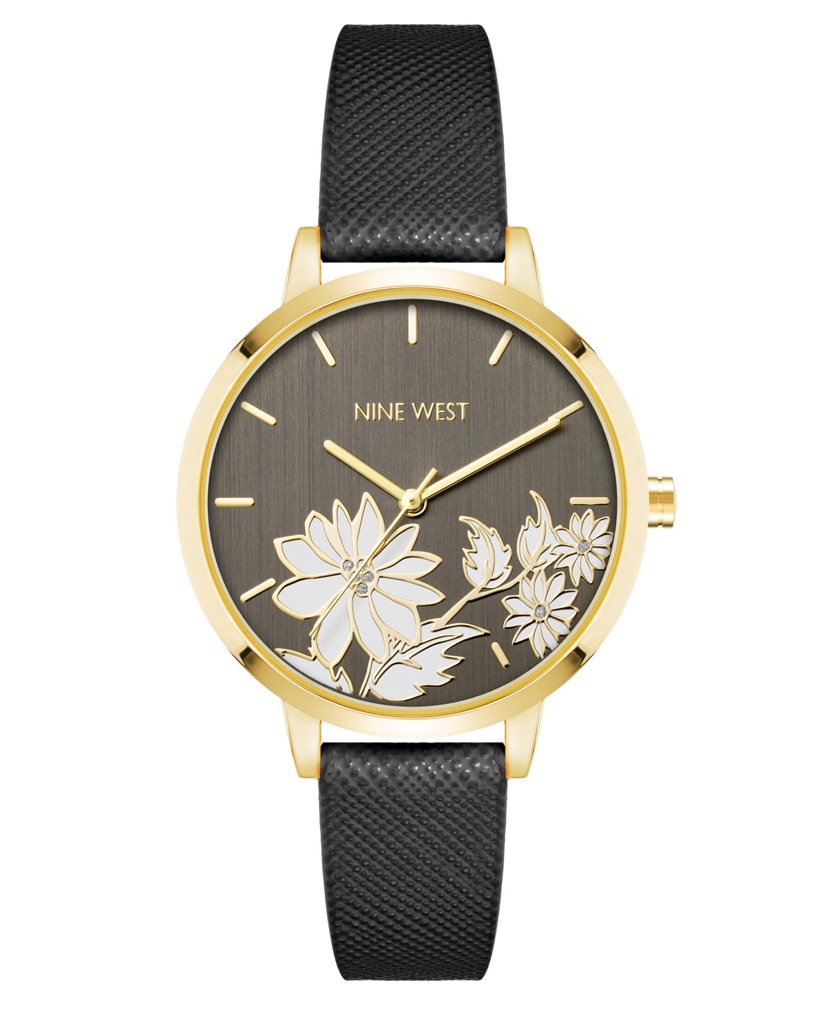 Nine West Woman's Quartz Black Faux Leather Band And Floral Pattern Watch, 36mm In Black,gold-tone