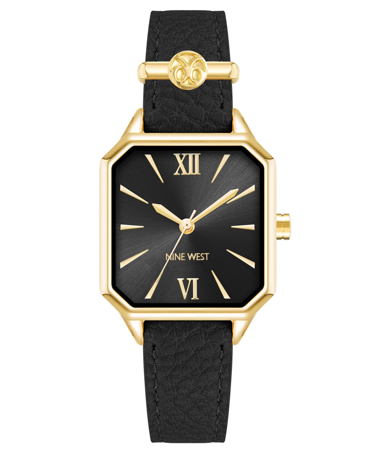 Nine West Women's Quartz Square Black Faux Leather Band Watch, 27mm In Black,gold-tone