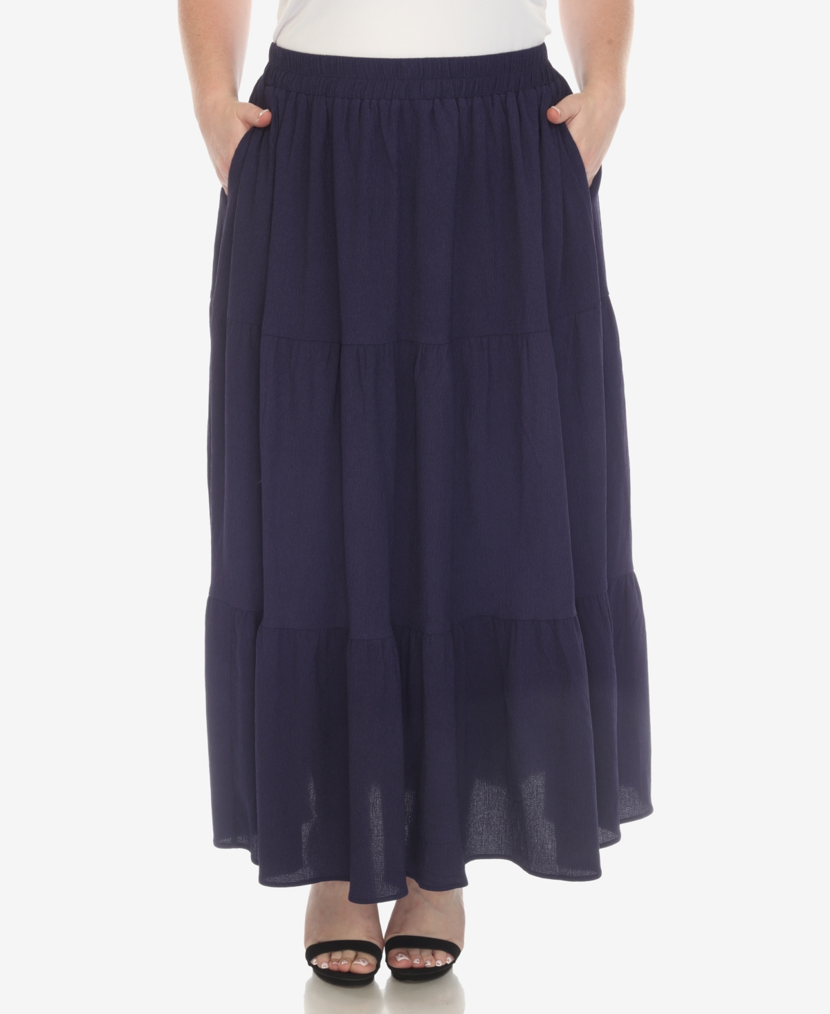 Shop White Mark Plus Size Pleated Tiered Maxi Skirt In Navy