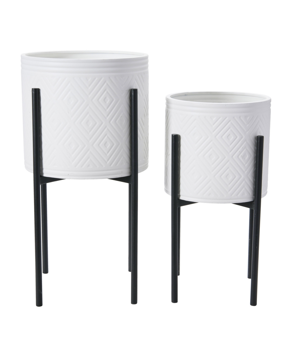 Modern Boho Embossed Metal Planters with Stands - White