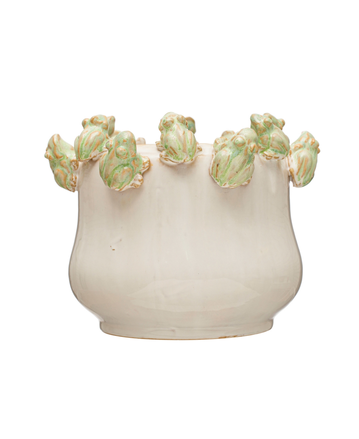Stoneware Planter with Frog Figurine Rim - Ivory