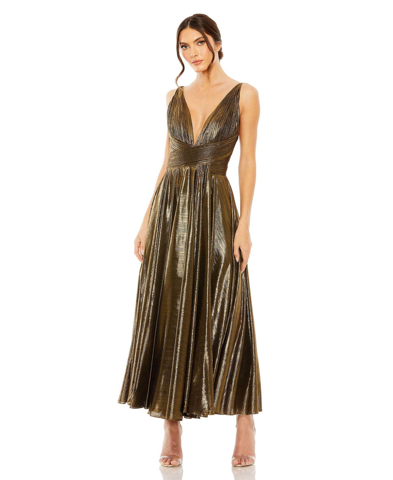 Women's Sleeveless V Neck Pleated Top Metallic Dress